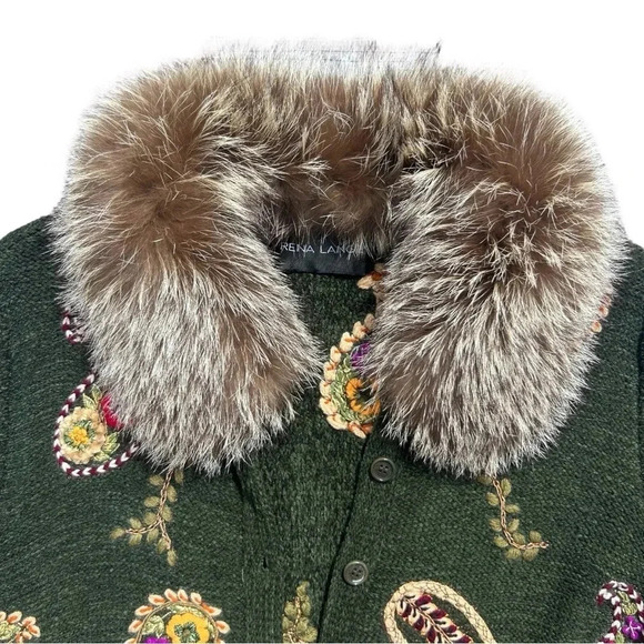 Vintage Rena Lange Cardigan Handmade Knit Embroidered Floral Paisley Fur Collar - Picture 2 of 16